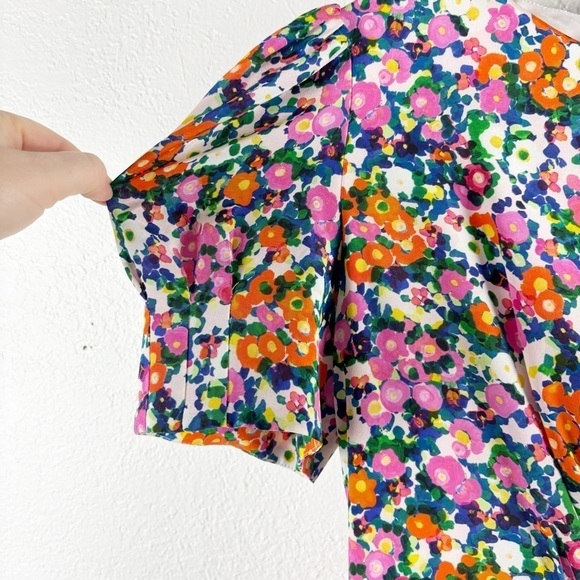 Saloni Bianca Printed Silk Puff Sleeve Midi Dress Pink Rosette Size 12 Cocktail - Picture 4 of 9